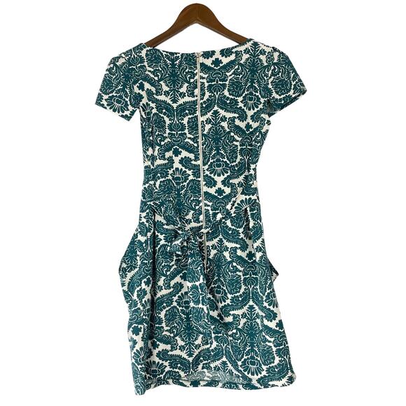 Inomi | Teal & White Damask Floral Pattern Pleated Pocket Tie Back Dress - Picture 2 of 8